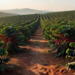 Plantação de café no Brasil com safra abundante de grãos vermelhos