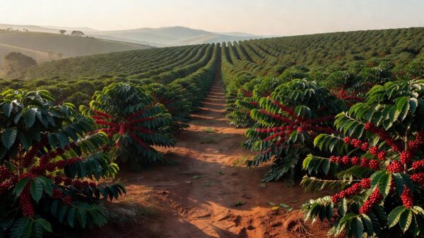 Plantação de café no Brasil com safra abundante de grãos vermelhos