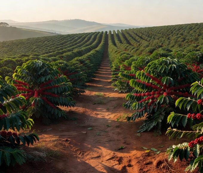 Plantação de café no Brasil com safra abundante de grãos vermelhos
