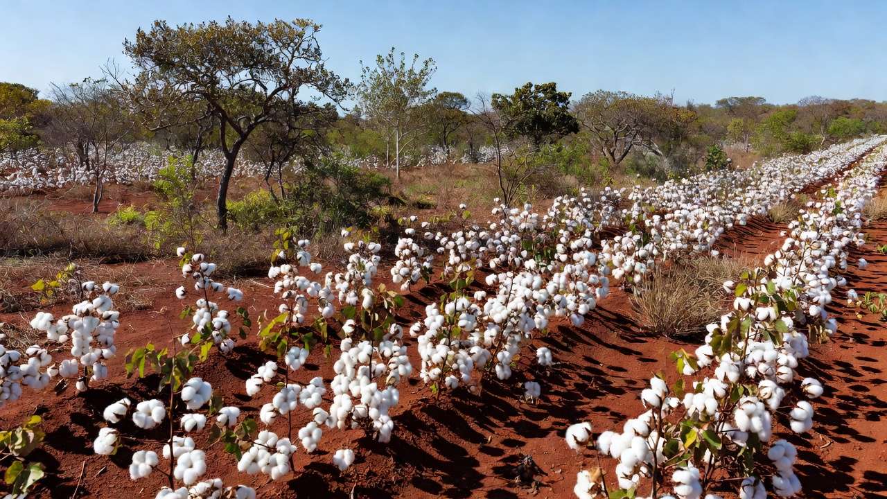 Plantação de algodão em lavoura brasileira sob luz natural
