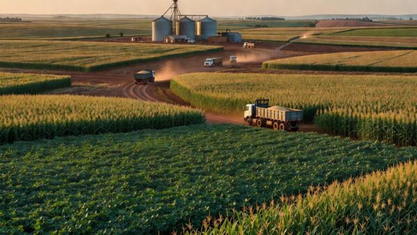 Lavouras de soja e silos no Brasil representando agronegócio para Copa do Mundo 2026