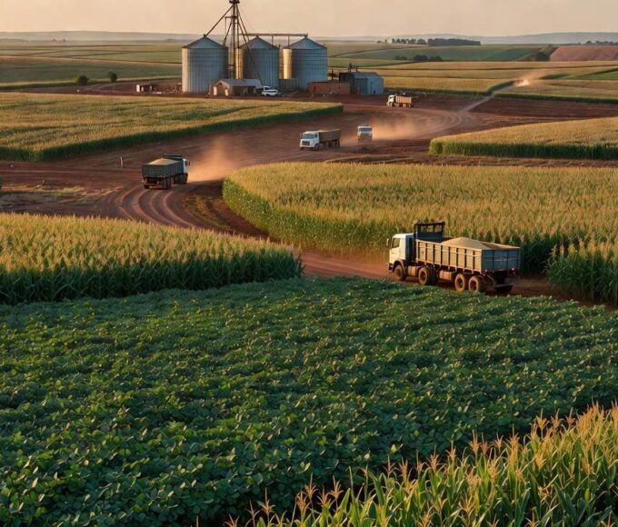 Lavouras de soja e silos no Brasil representando agronegócio para Copa do Mundo 2026