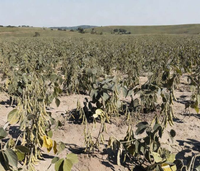 Plantação de soja no Brasil com solo seco, alta de preços em Chicago