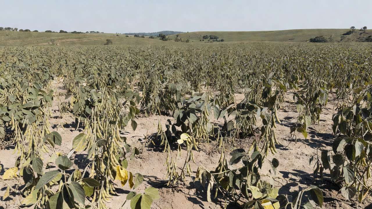 Plantação de soja no Brasil com solo seco, alta de preços em Chicago