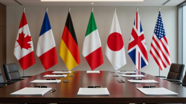 Bandeiras do G7 em mesa de negociações sobre cessar-fogo no Líbano