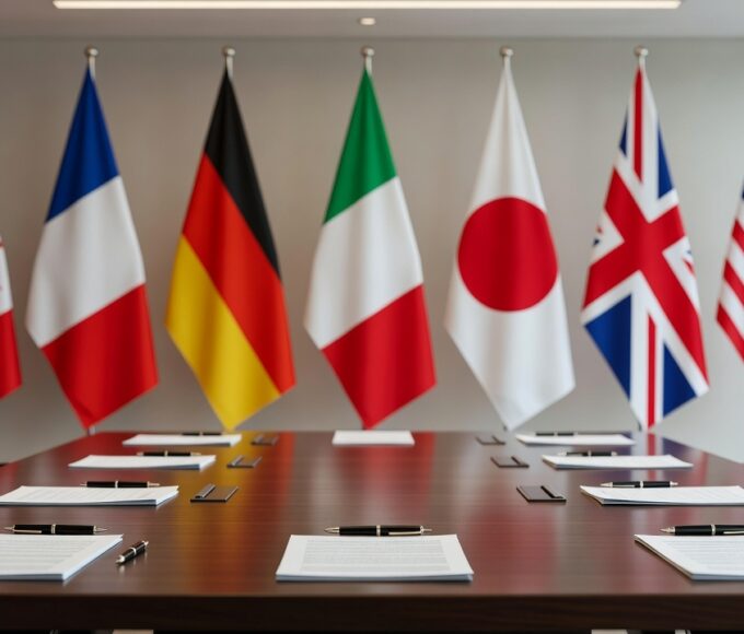 Bandeiras do G7 em mesa de negociações sobre cessar-fogo no Líbano