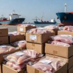 Caixas de proteína animal brasileira em porto para campanha ABPA na América do Norte