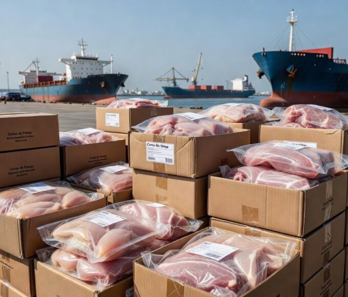 Caixas de proteína animal brasileira em porto para campanha ABPA na América do Norte
