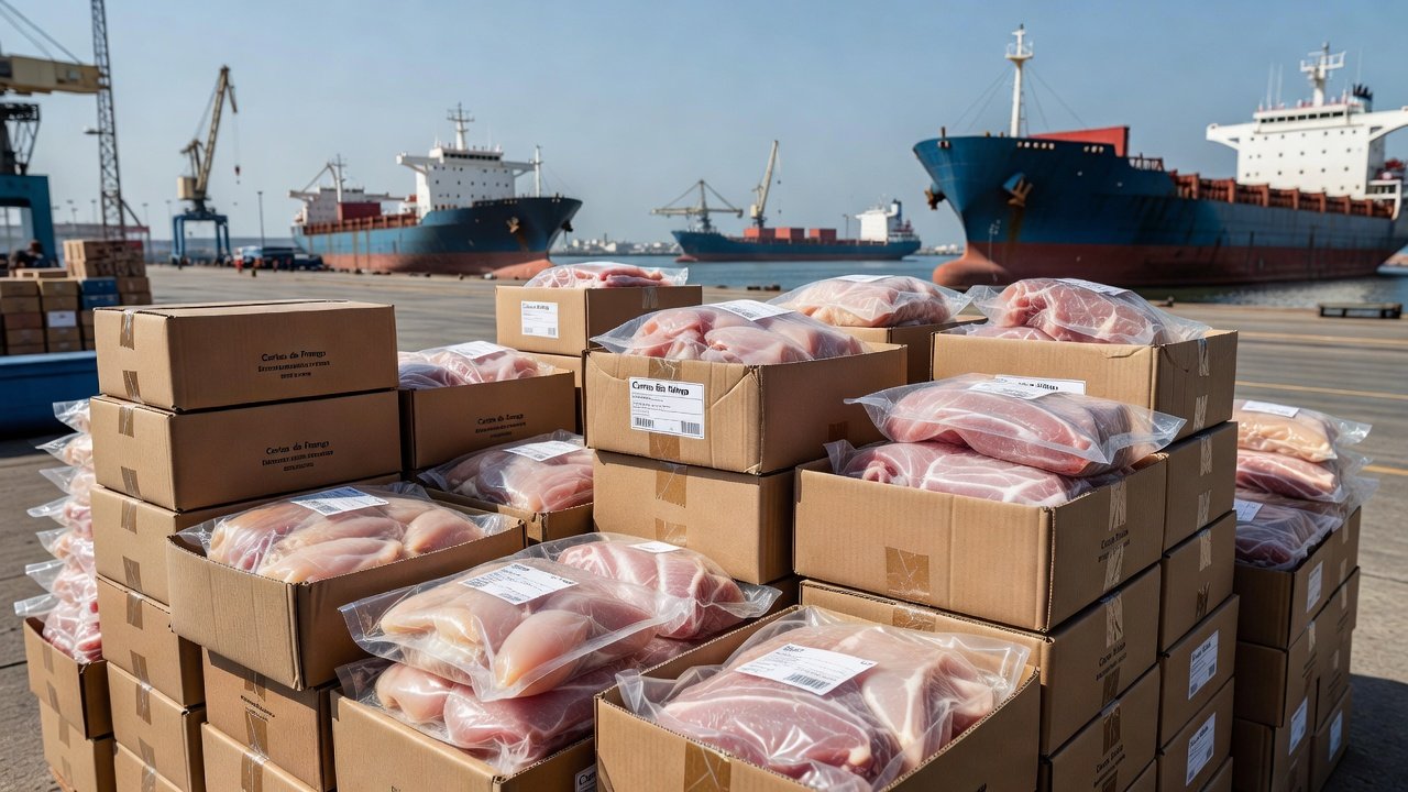 Caixas de proteína animal brasileira em porto para campanha ABPA na América do Norte