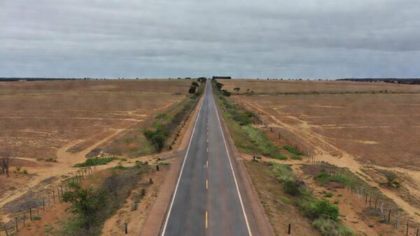 Rodovia federal no Paraná com cercas e campos agrícolas sem cultivo.