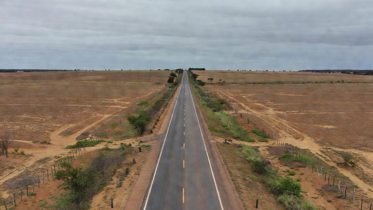 Rodovia federal no Paraná com cercas e campos agrícolas sem cultivo.