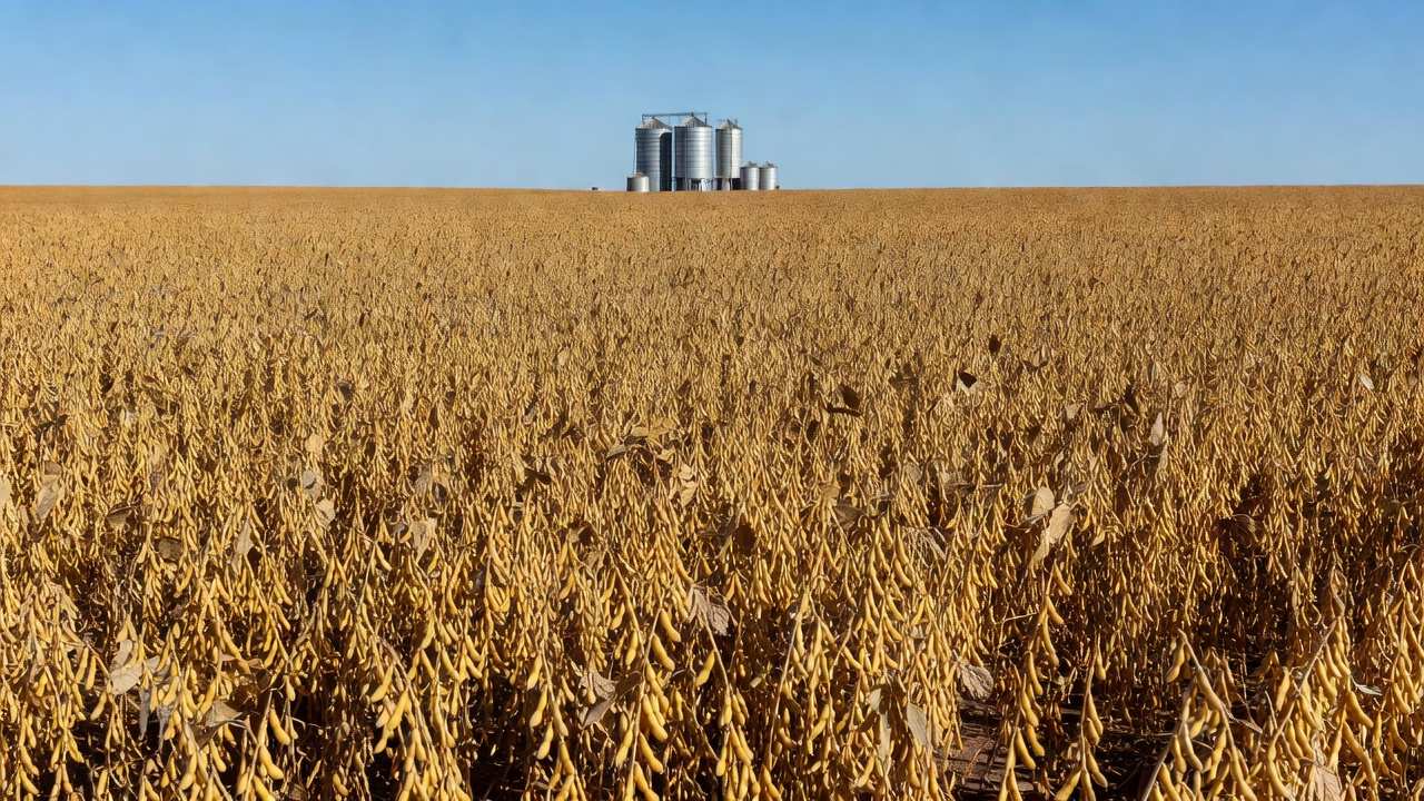 Plantação de soja no Brasil com silos ao fundo, representando exportação de óleo de soja