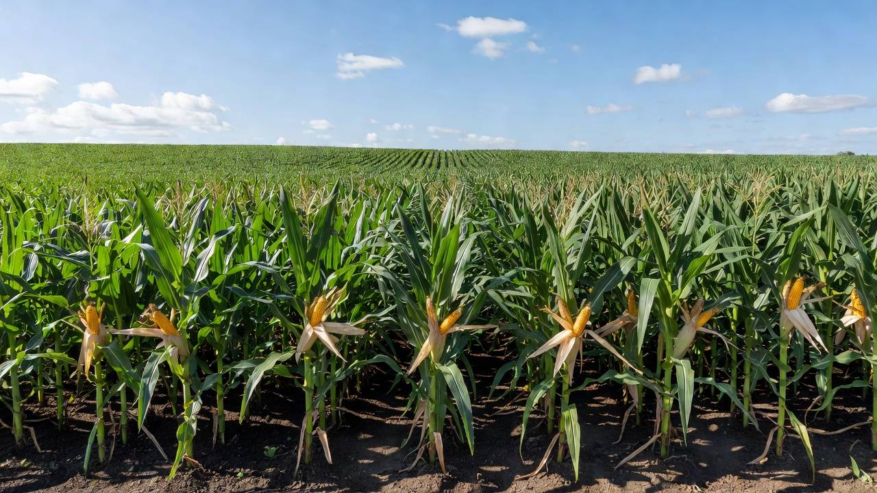 Lavoura de milho no Brasil sob céu azul, representando produção agrícola