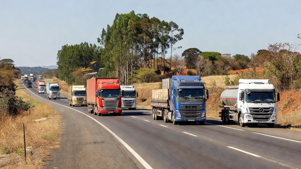 Caminhões de carga em rodovia brasileira sobre custos de frete