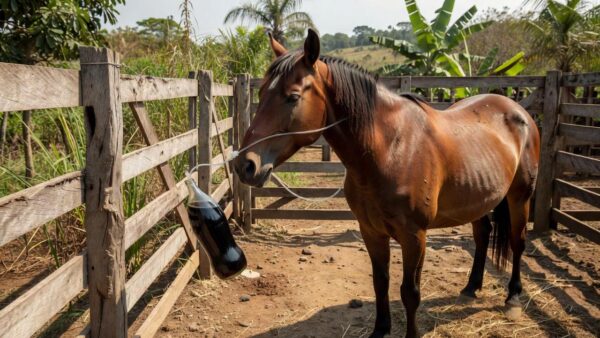 Veterinários tratando cavalo com Coca-Cola via sonda para fitobezoar em fazenda brasileira
