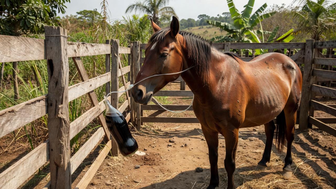 Veterinários tratando cavalo com Coca-Cola via sonda para fitobezoar em fazenda brasileira