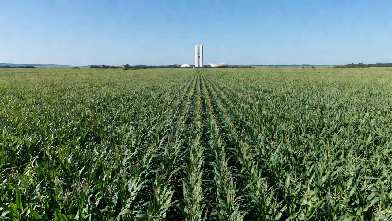 Plantação de milho no Brasil com Congresso Nacional ao fundo, agronegócio e MAIZAR 2026