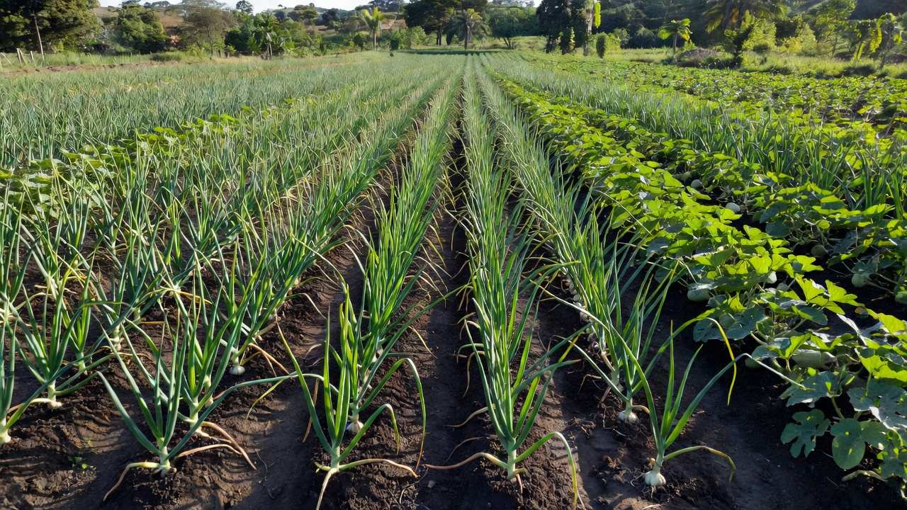Lavouras de cebola, alho e melão em plantação agrícola brasileira