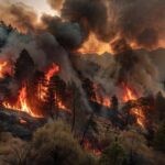 Incêndio florestal com chamas e fumaça em região montanhosa