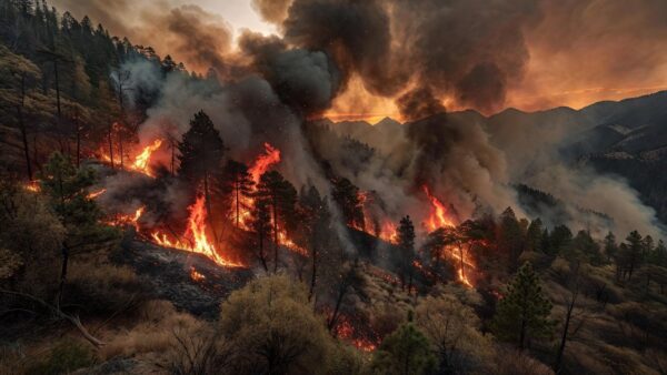 Incêndio florestal com chamas e fumaça em região montanhosa