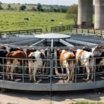 Carrossel de ordenha automatizado com vacas em fazenda leiteira brasileira
