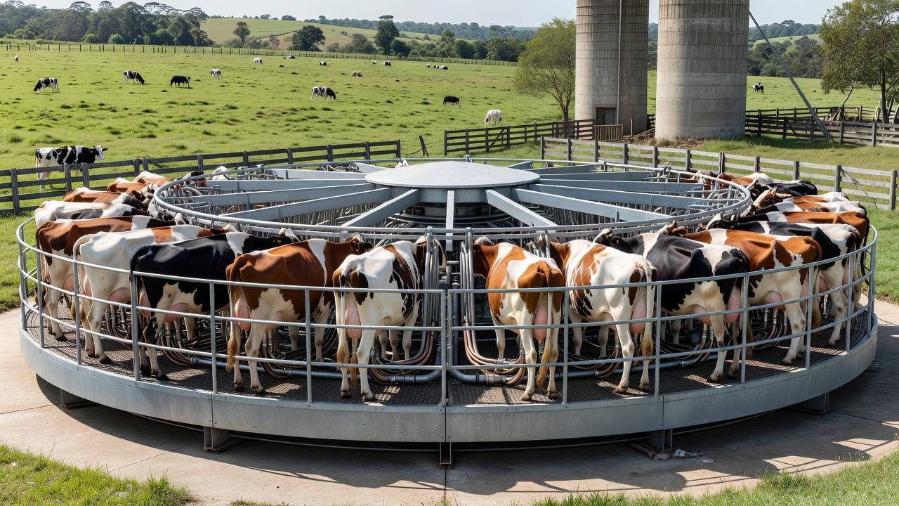 Carrossel de ordenha automatizado com vacas em fazenda leiteira brasileira