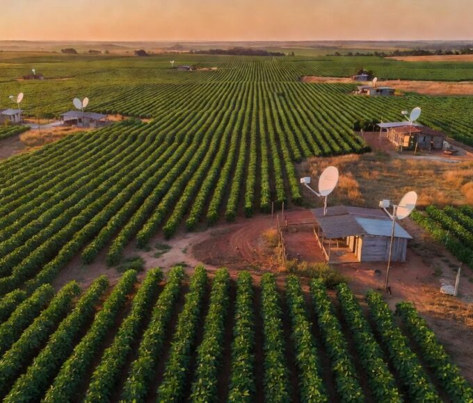 Antenas Starlink em lavoura de soja no agronegócio baiano