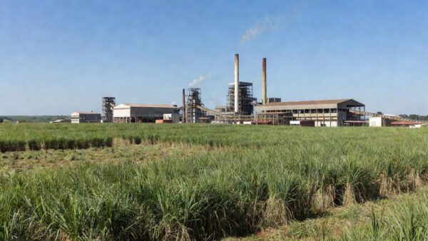 Complexo industrial sucroenergético da Raízen com plantações de cana no Brasil