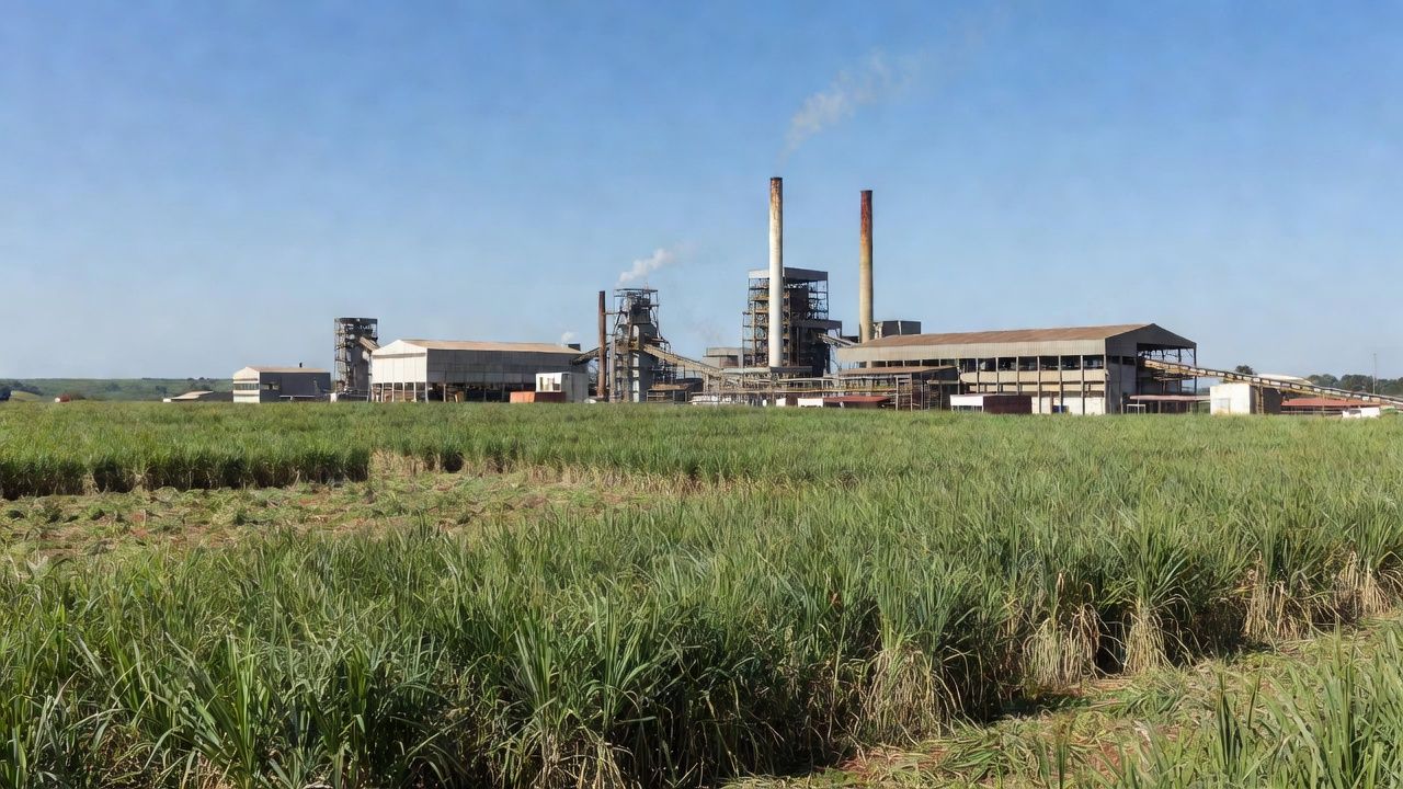Complexo industrial sucroenergético da Raízen com plantações de cana no Brasil