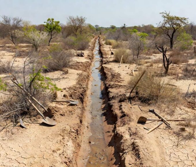 Canal de irrigação escavado manualmente em área rural do sertão nordestino