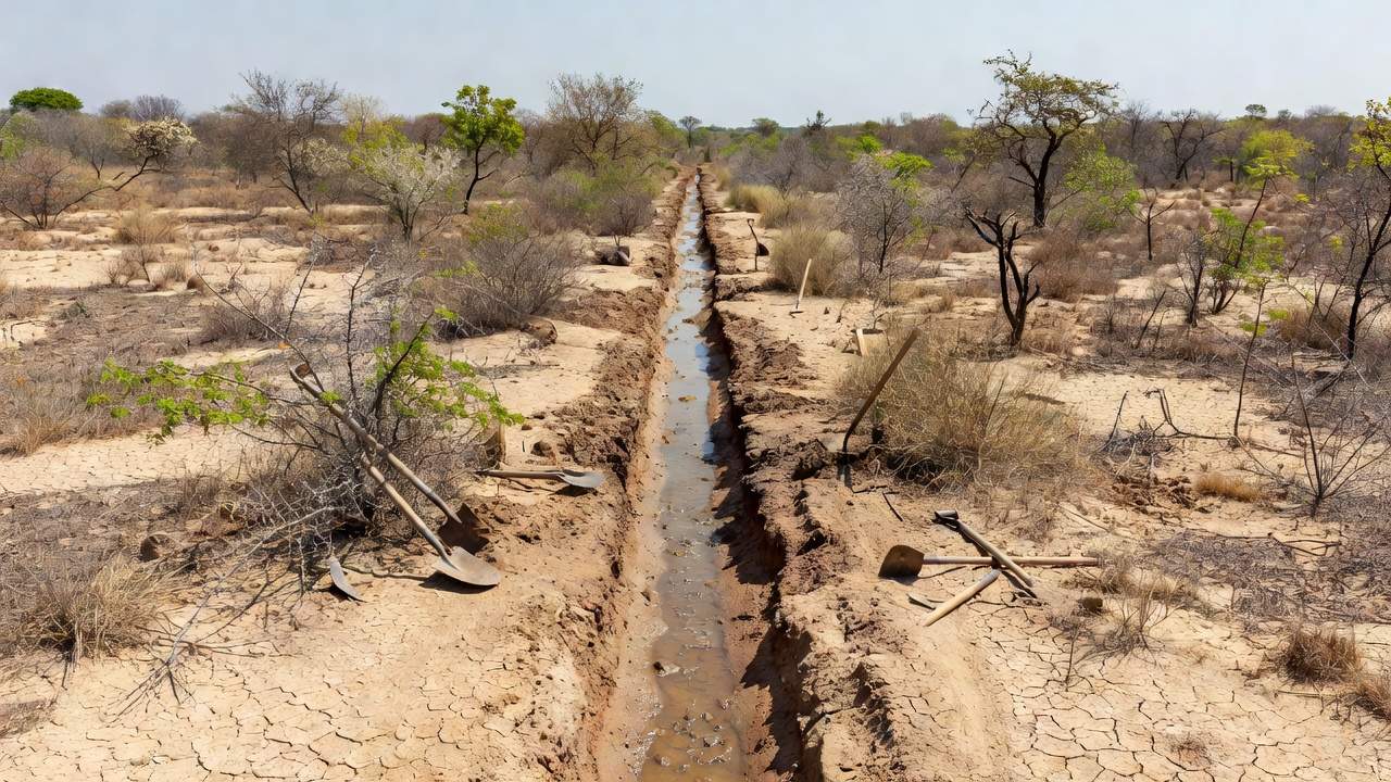 Canal de irrigação escavado manualmente em área rural do sertão nordestino