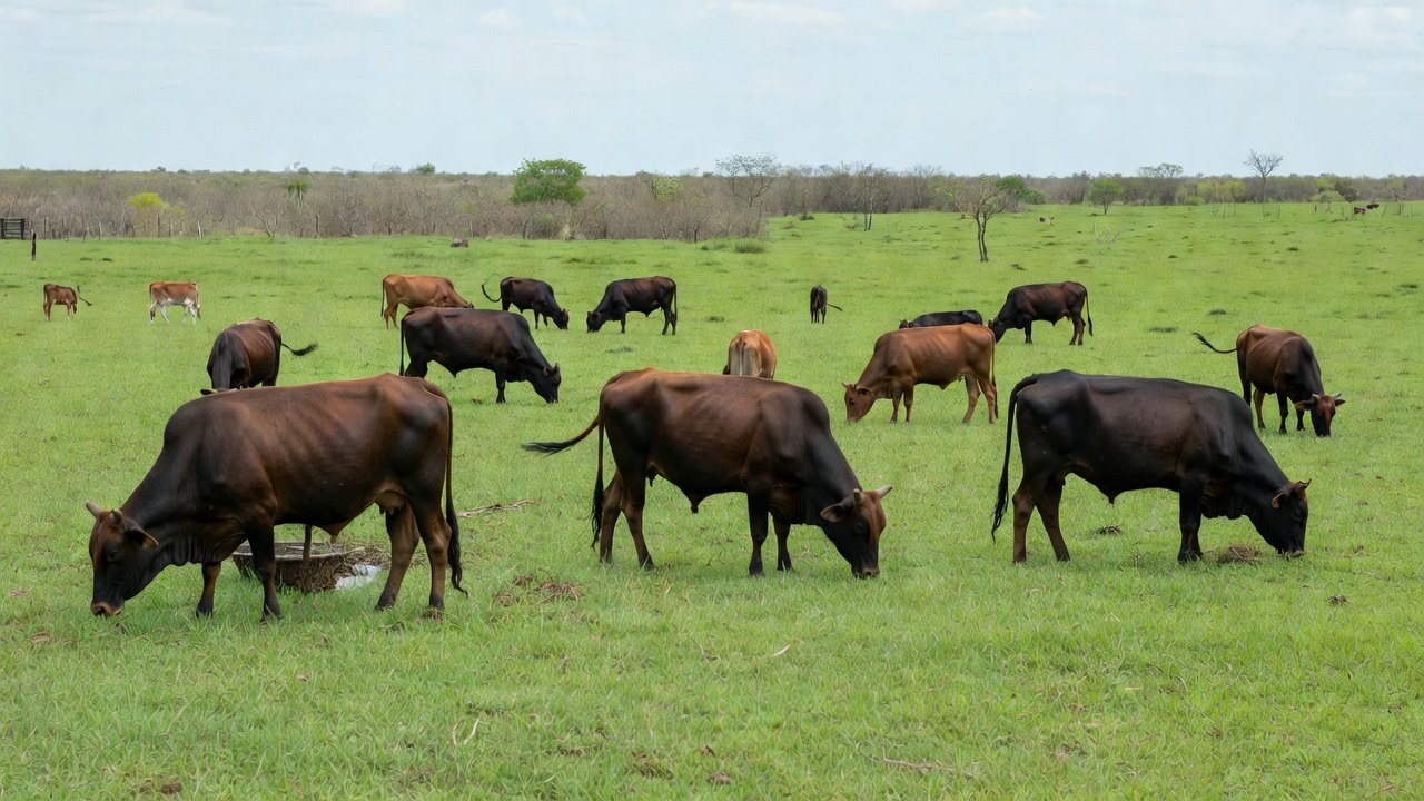 Bois gordos e bezerros em pastagem de fazenda no Brasil