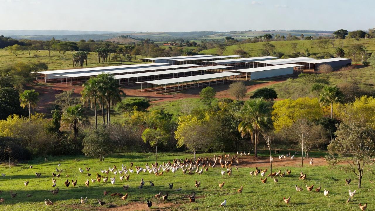 Granja avícola brasileira com aves em área rural, representando o setor de frango e perdas por condenações de carcaça.