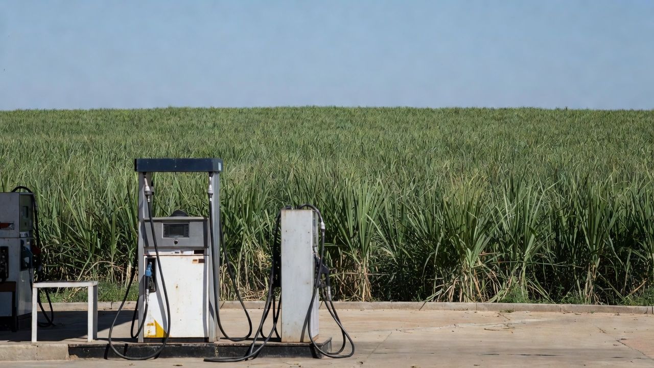Posto de gasolina no Brasil com bombas de combustível e plantação de cana-de-açúcar