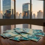 Notas de real brasileiro em mesa representando alta do dólar no mercado financeiro