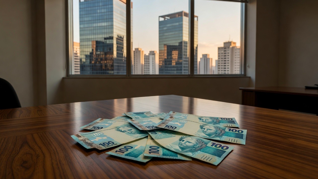 Notas de real brasileiro em mesa representando alta do dólar no mercado financeiro