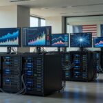 Monitores com interfaces digitais e bandeiras dos EUA e UE em sala de servidores brasileira