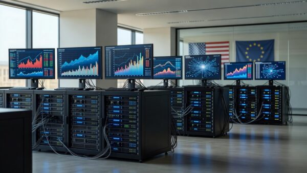 Monitores com interfaces digitais e bandeiras dos EUA e UE em sala de servidores brasileira