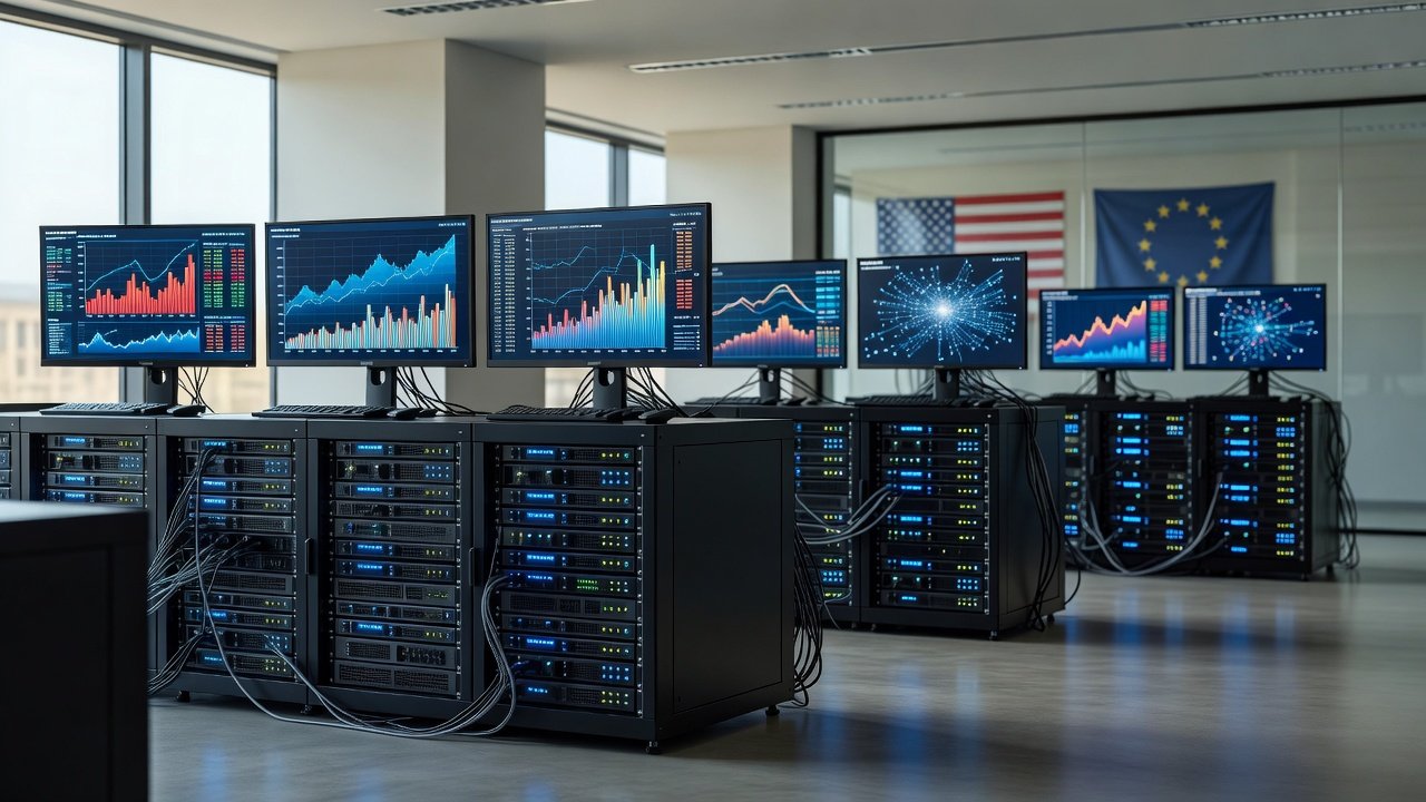 Monitores com interfaces digitais e bandeiras dos EUA e UE em sala de servidores brasileira