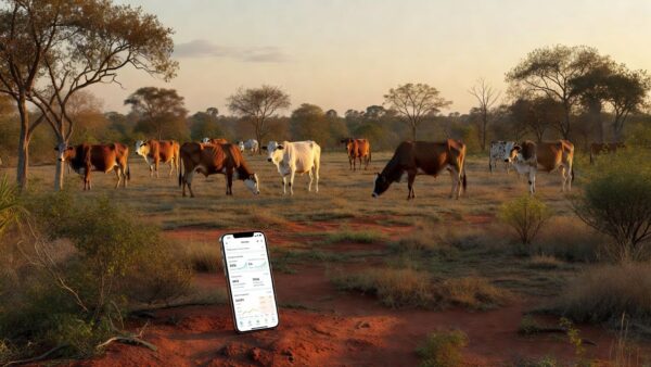 Smartphone analisando saúde de bovinos em pastagem brasileira com IA offline