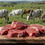 Cortes de carne vermelha e gado Nelore em pasto brasileiro