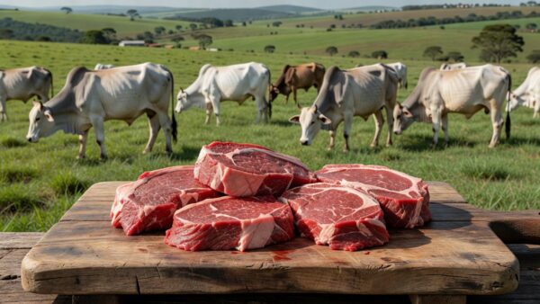 Cortes de carne vermelha e gado Nelore em pasto brasileiro