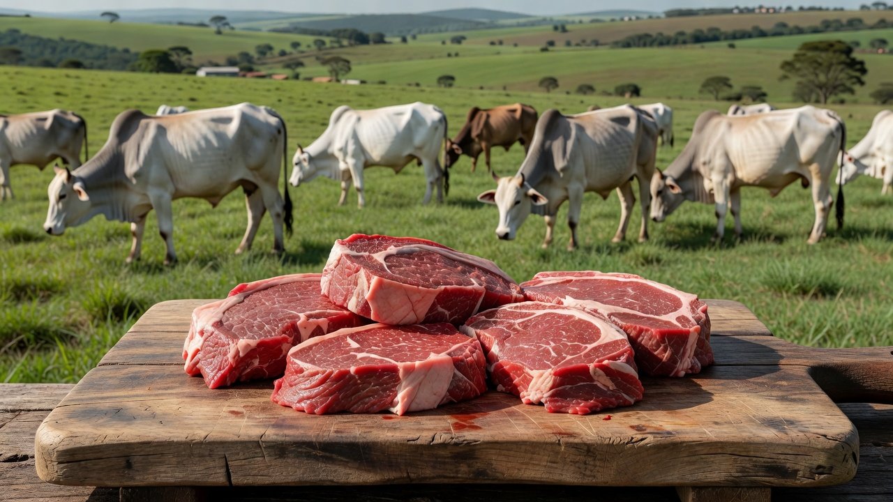 Cortes de carne vermelha e gado Nelore em pasto brasileiro