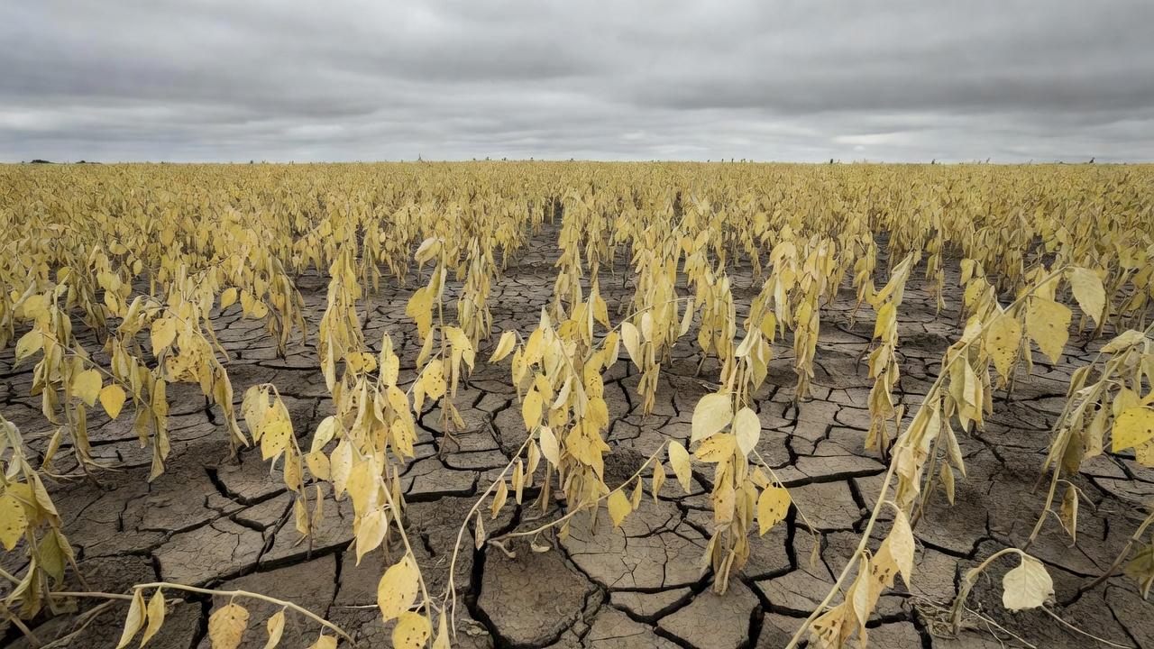 Plantação de soja danificada por mudanças climáticas na agropecuária brasileira