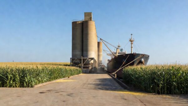 Porto com silos e navio para exportação de milho com preços estáveis