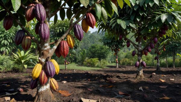 Plantação de cacau na Bahia com frutos maduros