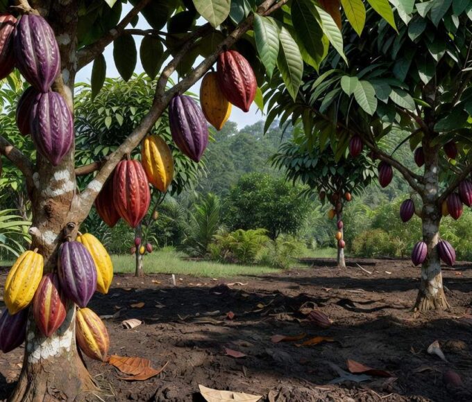 Plantação de cacau na Bahia com frutos maduros