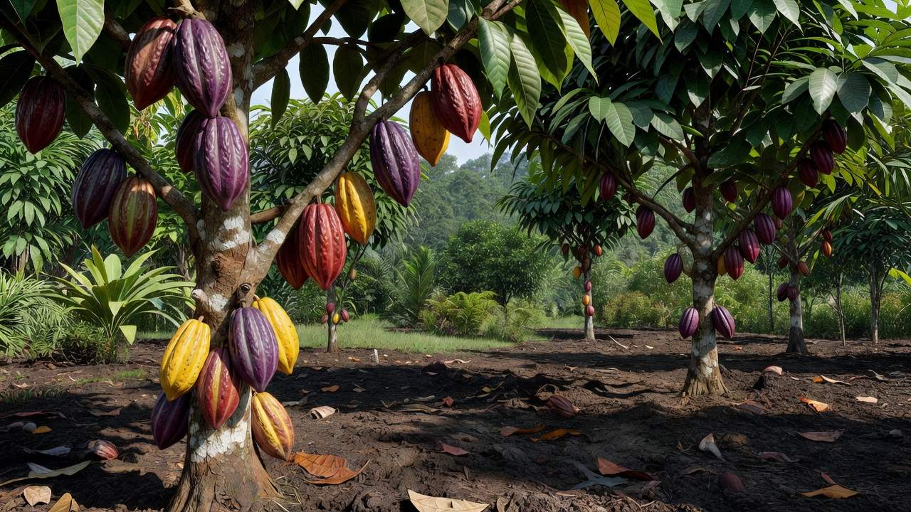Plantação de cacau na Bahia com frutos maduros