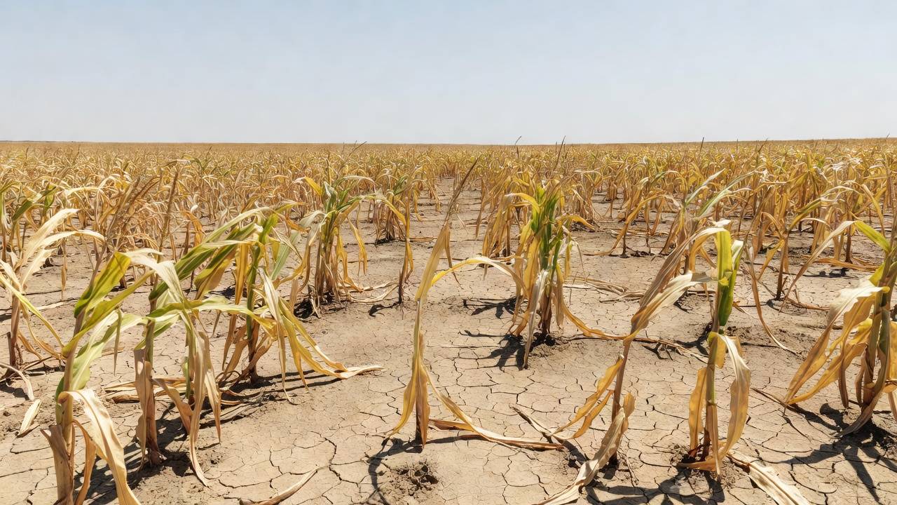 Plantação de milho ressecada pela seca e calor no Brasil