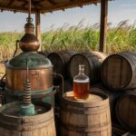 Alambique tradicional e barris na produção artesanal de cachaça no Brasil